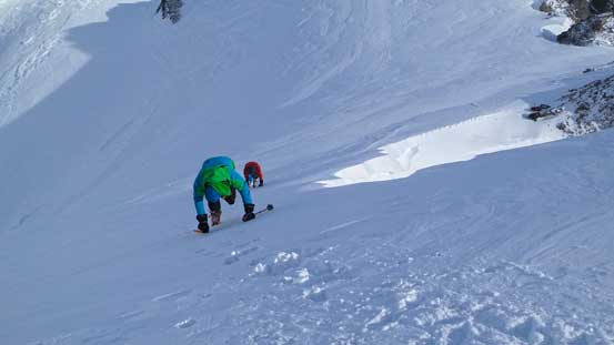 Ben and Vern front-pointing down the snow arete. 