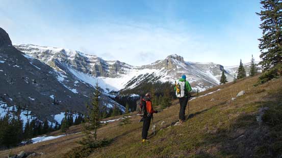 Vern and Ben hiking into the cirque/bowl beneath our objective