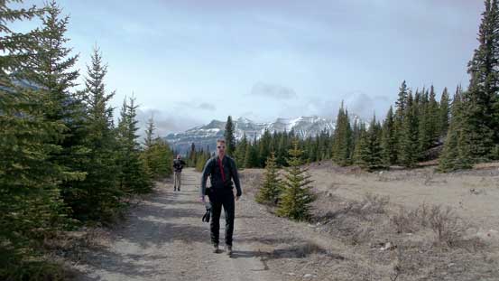 Vern and Ben hiking back along the road