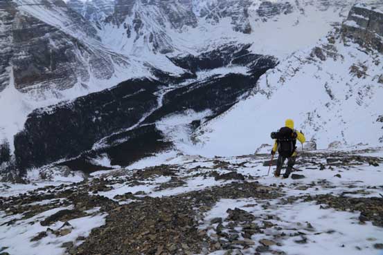 Onto the wind-blown broad ridge, but more post-holing following