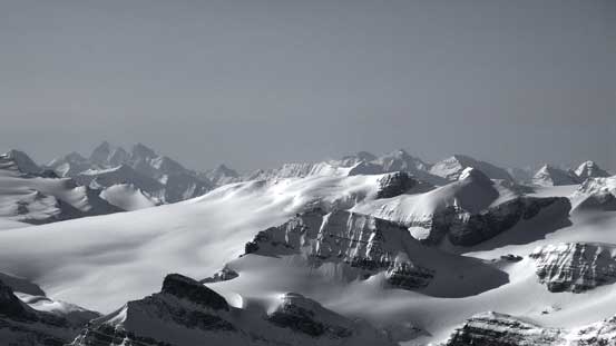 The Goodsirs rise behind the shoulder of familiar Wapta peaks