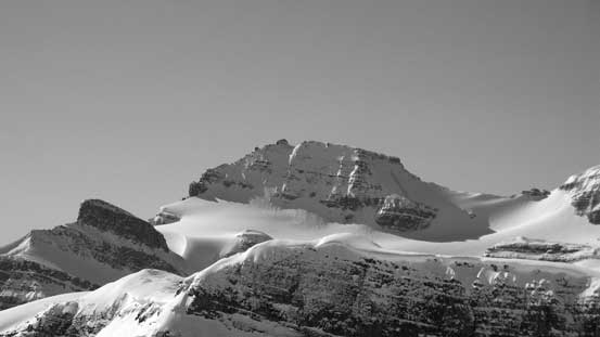 A zoomed-in view of Peyto Peak. You can see the summit nipple