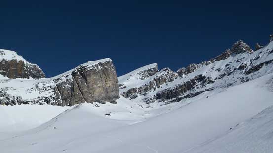 Looking back at the route which goes climber's right of the rock face.
