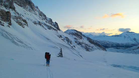 Traversing climber's right side above the second ice fall