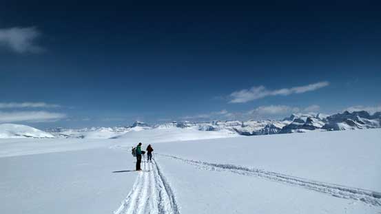 Vern and Ben skinning up the snowmobile tracks