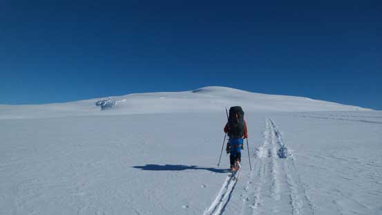 Ben skiing towards the rounded Snow Dome, just about to drop gears