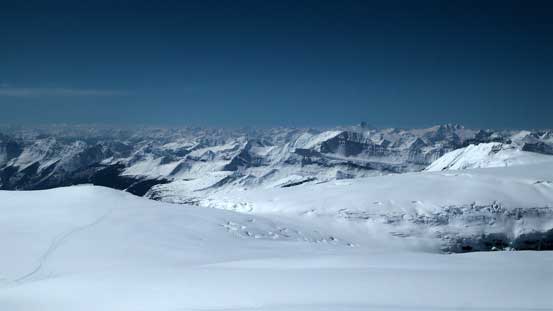 In the distance we could see a sea of peaks in the Selkirks, also visible are our tracks