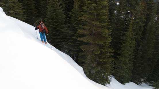 Ben trying to ski down this steep section in the trees in the morning