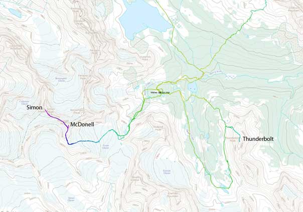 Ascent routes for Simon, McDonell and Thunderbolt