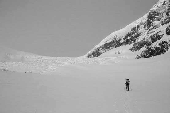 Me skinning towards the first icefall at dawn. Photo by Ben