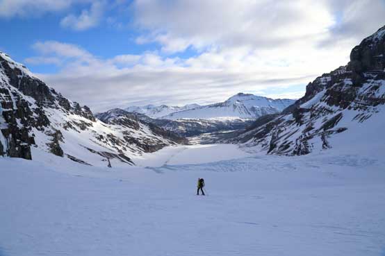 Me skiing down the Ramp. Lots of hazards here but we were glad to have good snow for a fun descent.