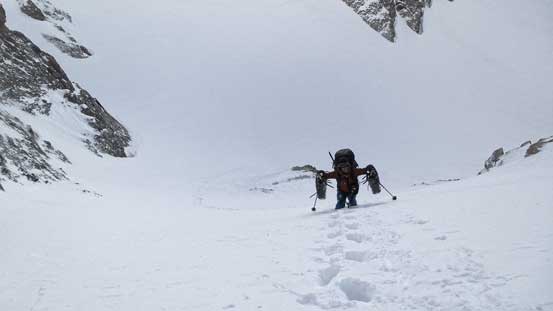 Steep snow climb towards the col. Snowshoes are already off