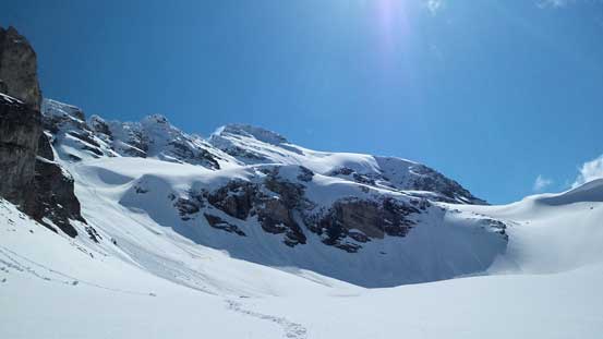 Looking back at our ascent route up Howse