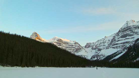 Looking back from Epaulette Lake. Chephren and White Pyramid on evening glow