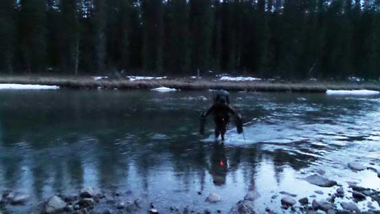 Fording Mistaya River at almost dark