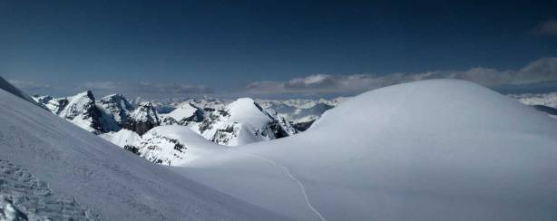 Panorama view from partway up Stutfield Peak. Click to view large size.