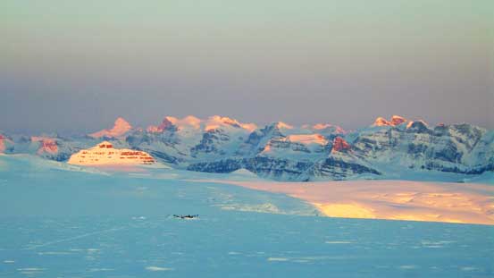 Forbes, Lyells and Alexandra on glow, with Castleguard in front. The CSMC camp is also visible