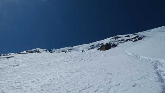 Ben descending the upper face. As you can see, it's quite steep..