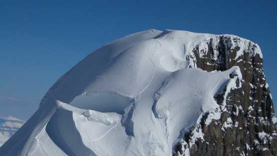 A zoomed-in view of the 'schrund, and our tracks around