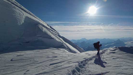 Ready to re-ascend the first 'schrund. Some awkward movement over the crevasses..
