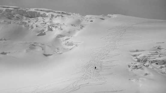 Looking back at Kevin and ski tracks on the Ramp. It's a zoo on the Columbia