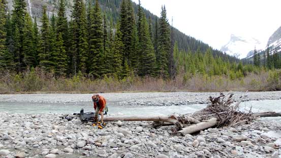 At the old bridge site, now preparing for the river fording