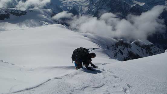 Ben ascending through the final summit cornice