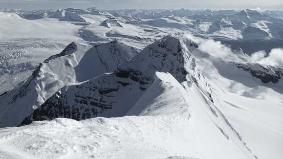 The heavily corniced ridge connecting from Bryce/Bryce Center col