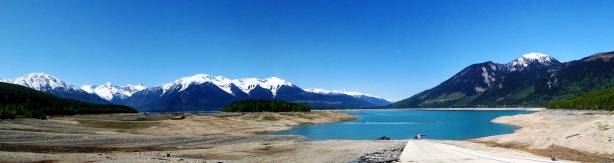 Panorama of Kinbasket Lake from the campground. The water level was low.
