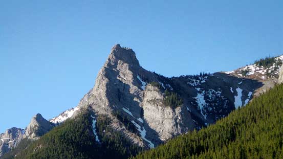 Wasootch Tower from the parking lot. The N. Ridge goes up the leftmost rib directly ahead
