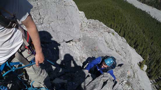 Ken coming up to the trad-anchor since our rope was running out of length