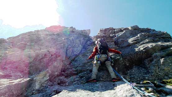It's very tricky to just get into this crack/chimney on mountaineering boots
