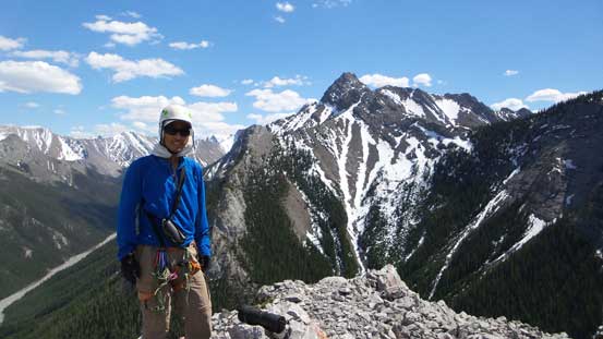 Me on the summit of Wasootch Tower, with Kananaskis Peak behind