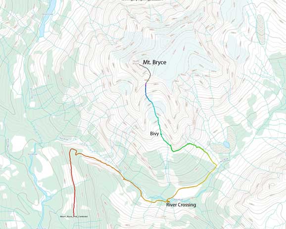 Mt. Bryce ascent route via S. Couloir and SE Face