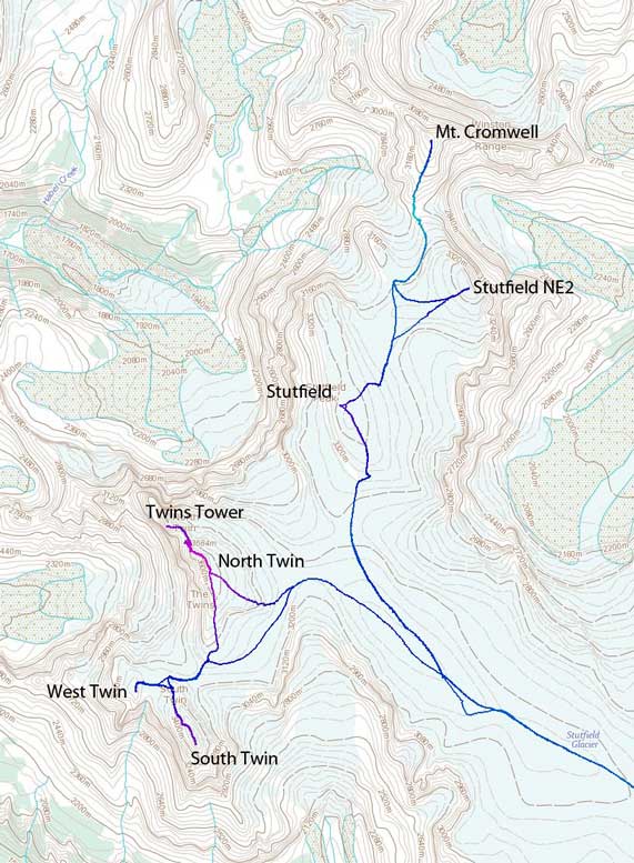 The ascent routes for Twins, Stutfields and Cromwell
