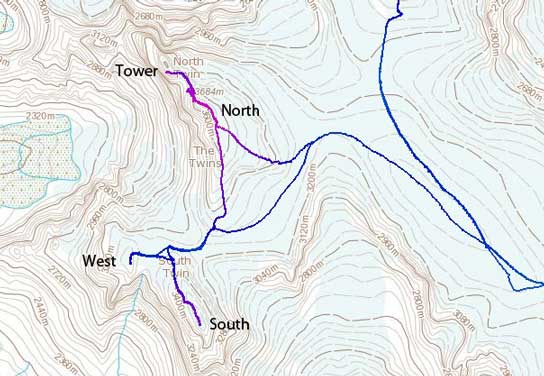 Ascent routes of the 4 Twins
