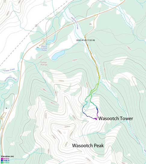 Wasootch Tower ascent route via N. Ridge