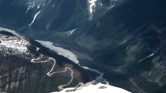 A view looking down at Icefall Brook and the associated logging roads