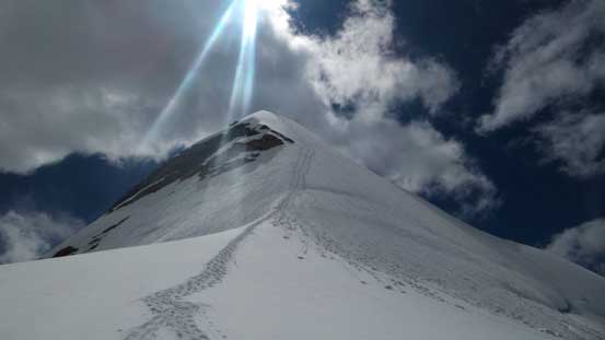 Looking back at our tracks on the summit pyramid
