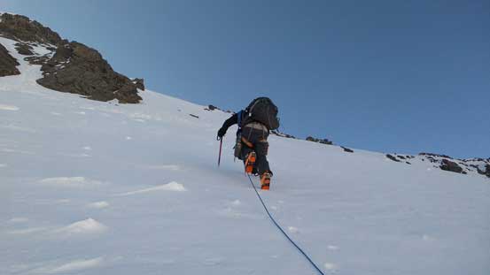 Ben ascending the typical terrain on this face