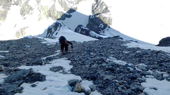 A section of loose scree to ascend on the W. Ridge