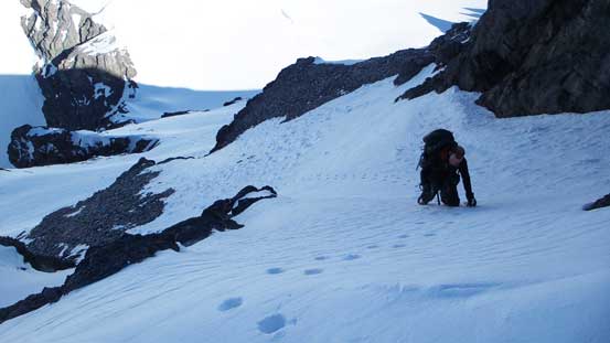 The snow gully bypassing the rock band was filled in