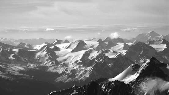All the familiar peaks on the Wapta Icefield are way below us now...