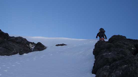 And, dropping into the snow bypassing gully