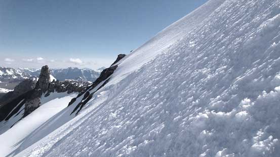 Almost down to the bergschrund, the sun finally hit us