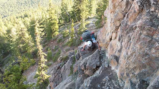 Ben finishing the diagonal traverse. Bit exposed and awkward at places