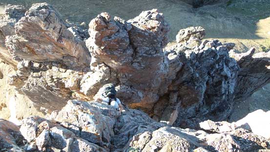 Ben in the notch, ready to climb up the Tower's side