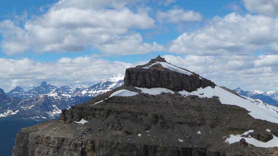 The "Kane's scramble" summit of Castle Mountain. Looks close but unattainable from here
