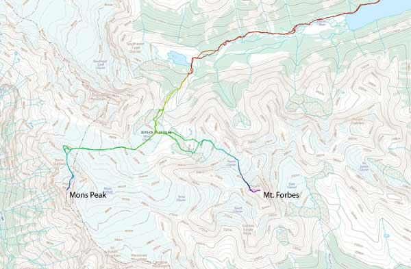 Ascent routes for Mount Forbes and Mons Peak