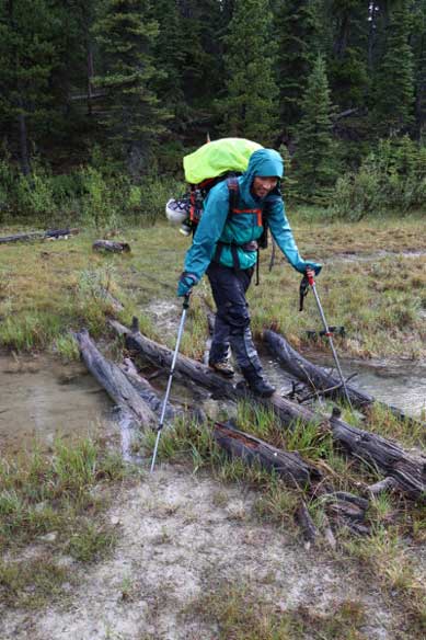 Me crossing a log bridge. Photo by Ben